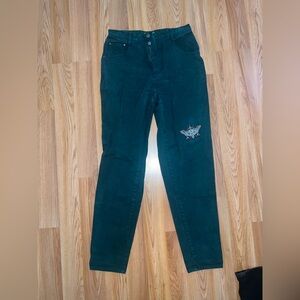 Dark Green Women's Boyfriend Jeans with Embroidered Patch